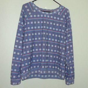 Denim Blue Flower Design Long Sleeve Top in Soft Brushed Cotton - Large